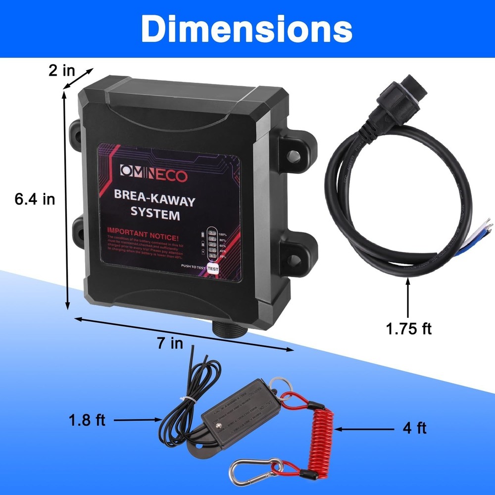 Trailer Breakaway System, Coiled Cable Switch, LED Indicator, 12V Battery Box...