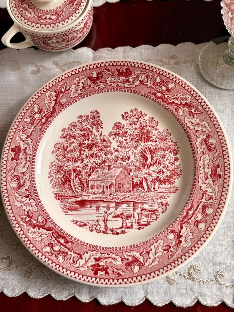Vintage Memory Lane Royal Ironstone Dinner Plate – Red Transferware