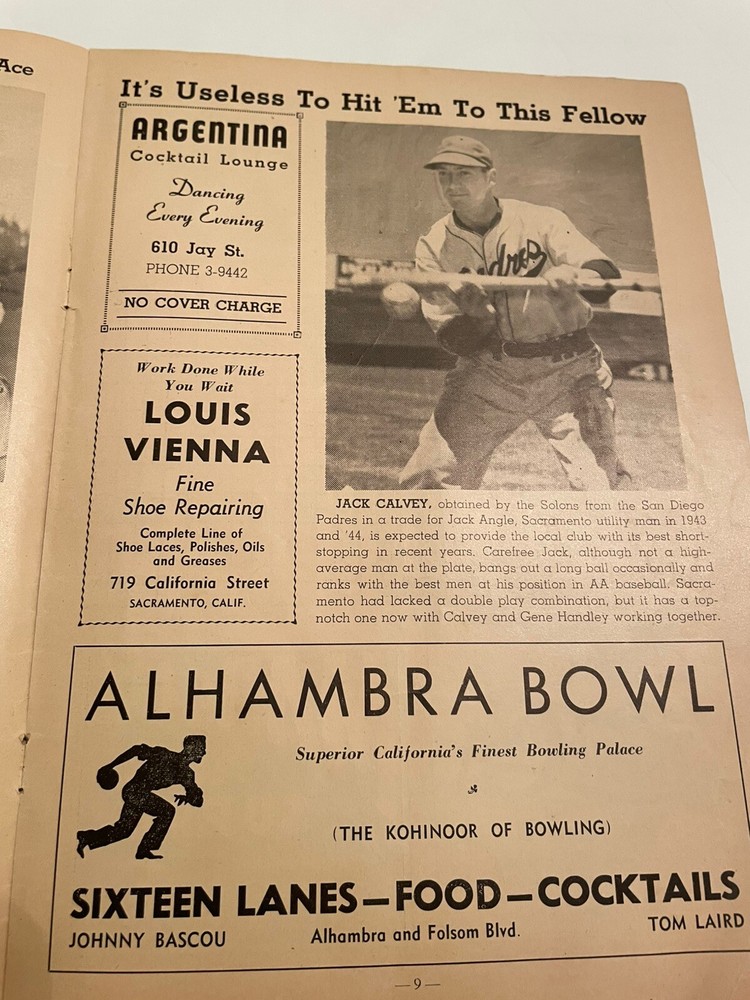 1945 Pacific Coast League Solons Baseball Program Doubleday Park Sacramento Ca