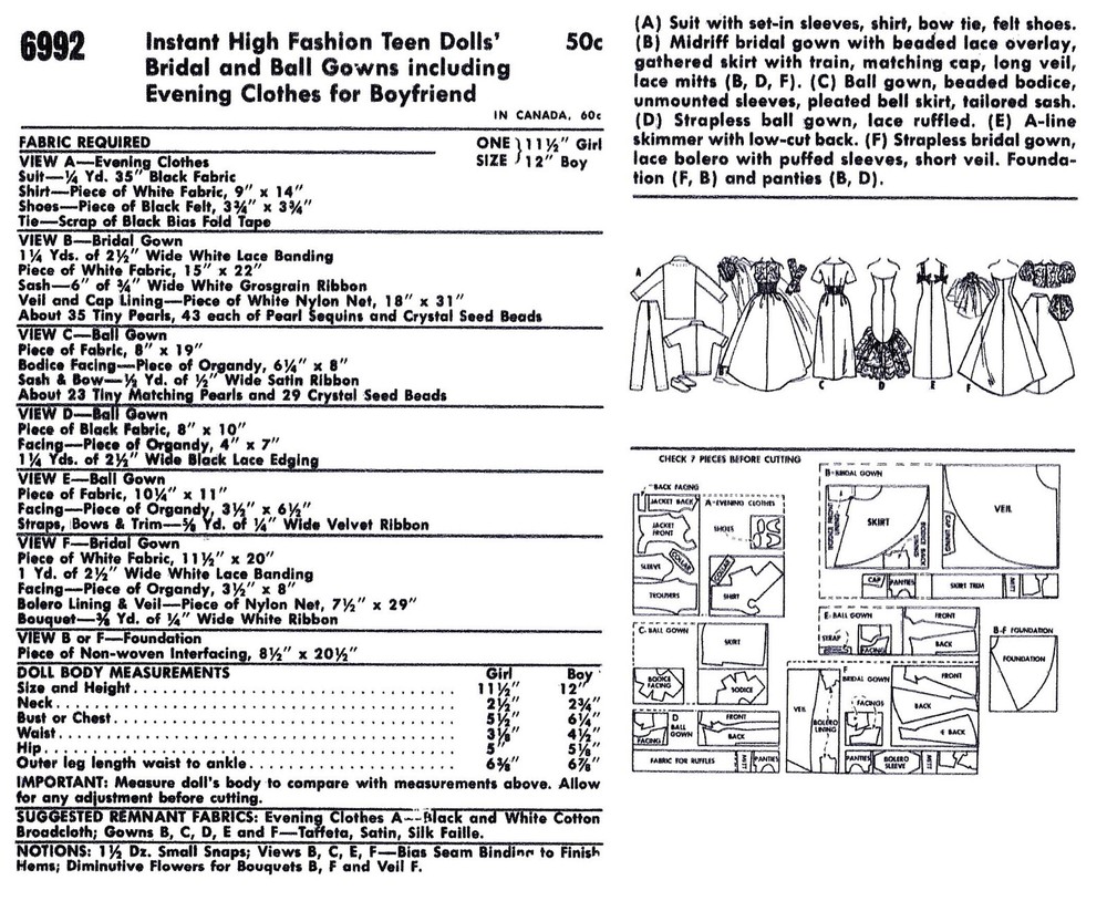 McCall's 6992 Pattern Barbie Ken DOLL Wardrobe
