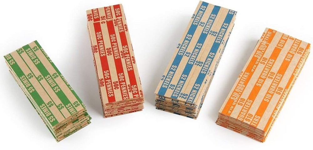 100 Assorted Coin Roll Wrappers - Easy Access for Pennies to Quarters