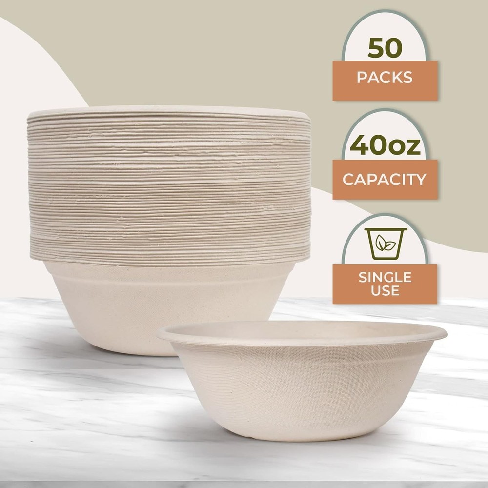 40 oz Disposable Eco Bowls Large 50 Pack Beige
