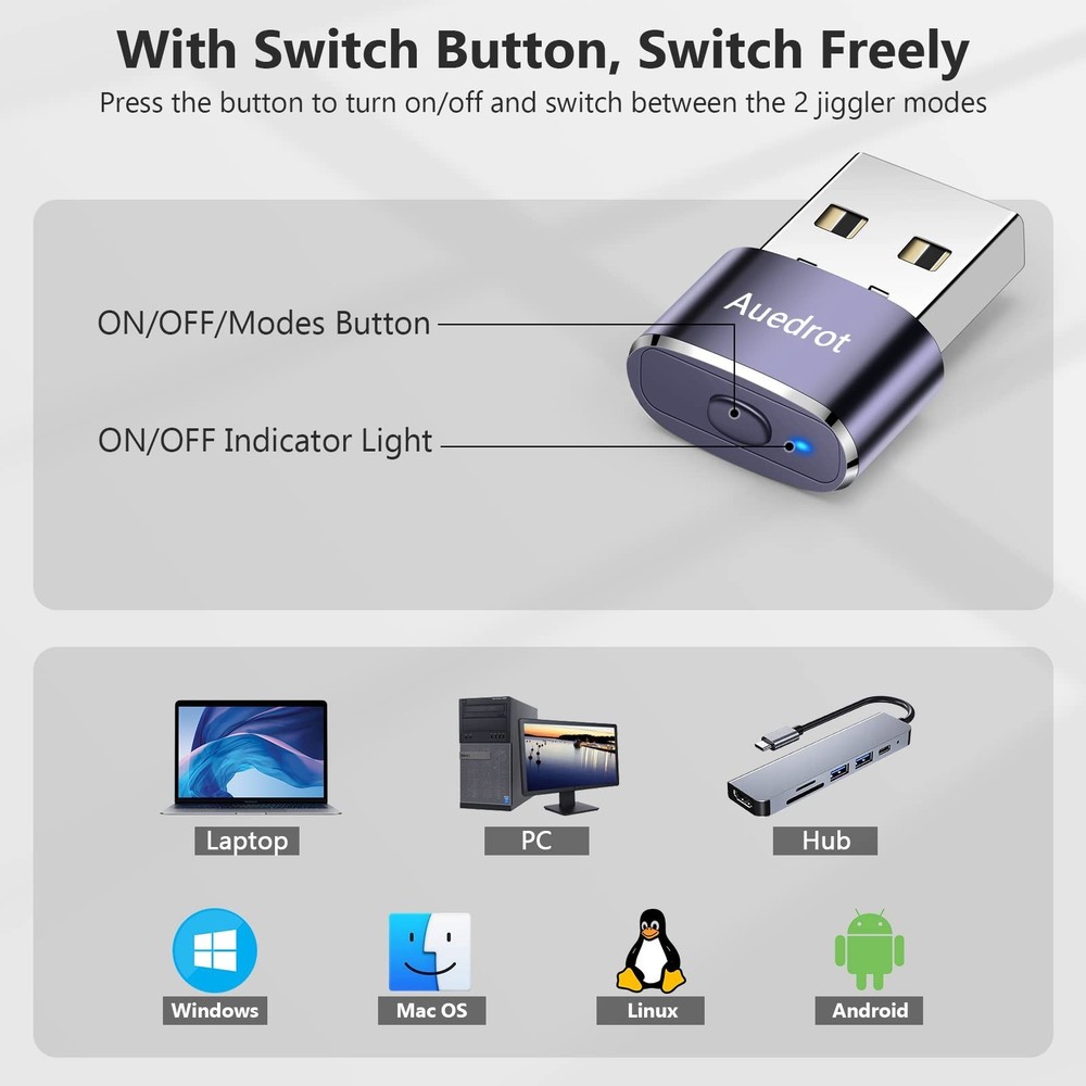 Auedrot USB Mouse Mover with Switch Button, Automatic Mouse Jiggler with 2 Mo...