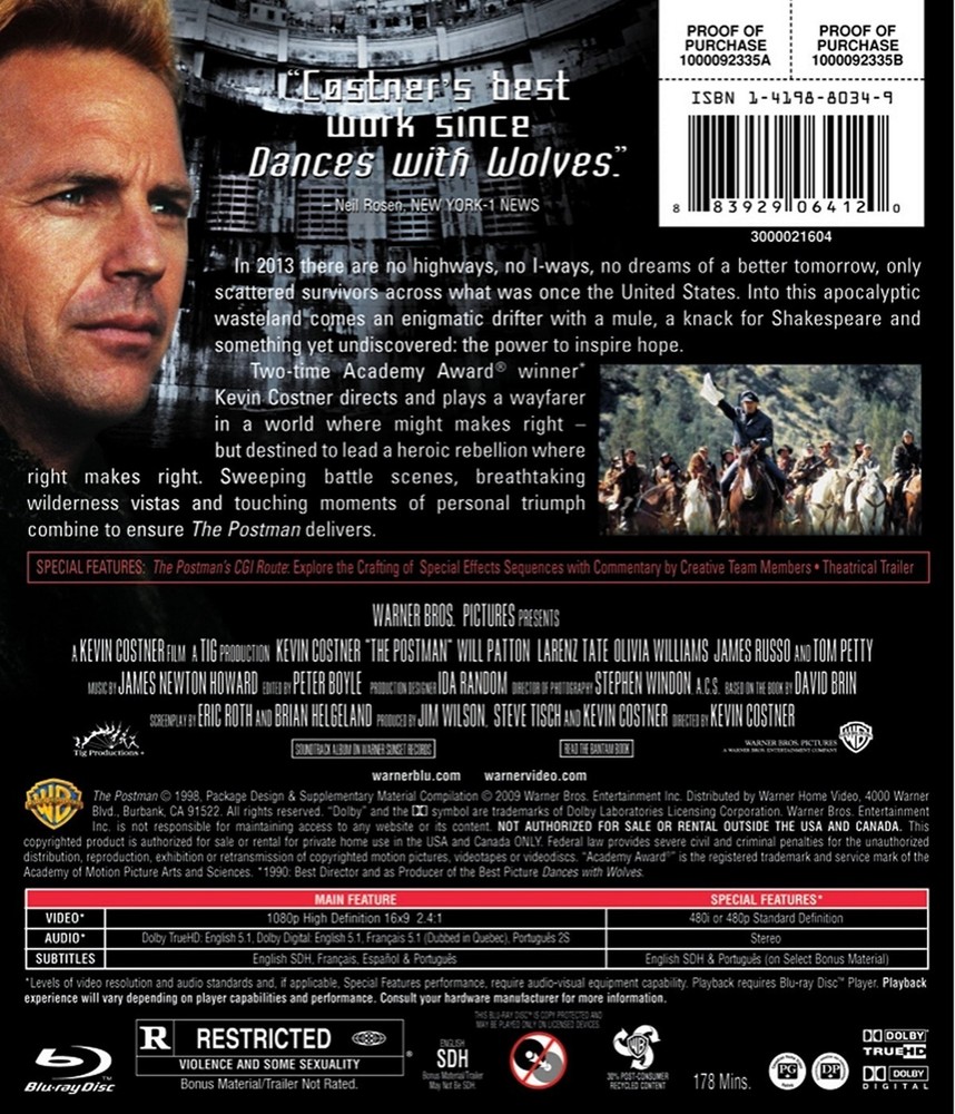The Postman Blu-ray Kevin Costner NEW