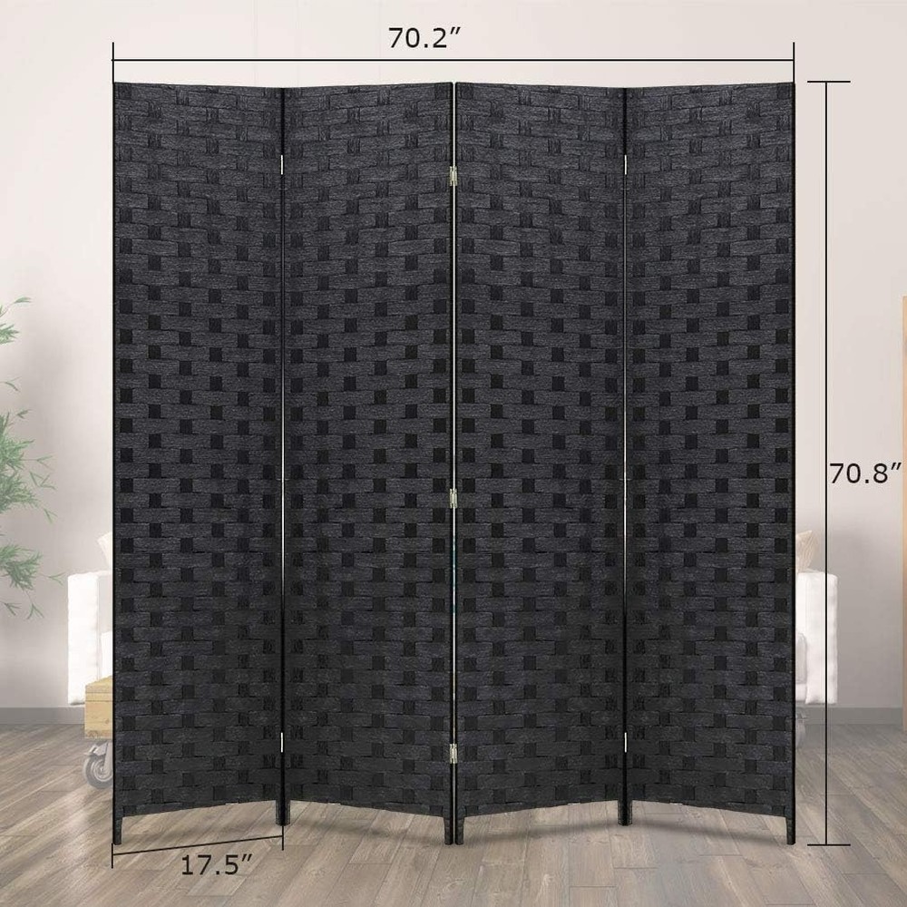 6FT Folding Wood Room Divider, 4-Panel Hand-Woven Screen, Black
