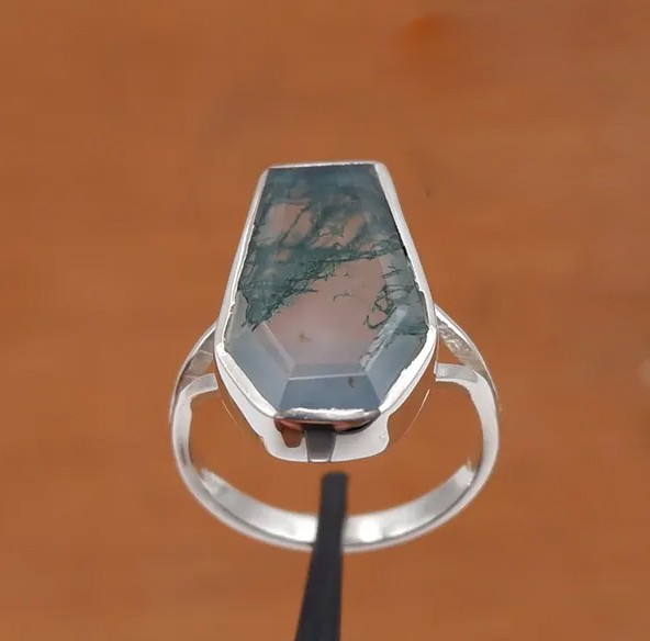 Solid 925 Sterling Silver Natural Moss Agate Coffin Shape Gemstone Handmade Ring