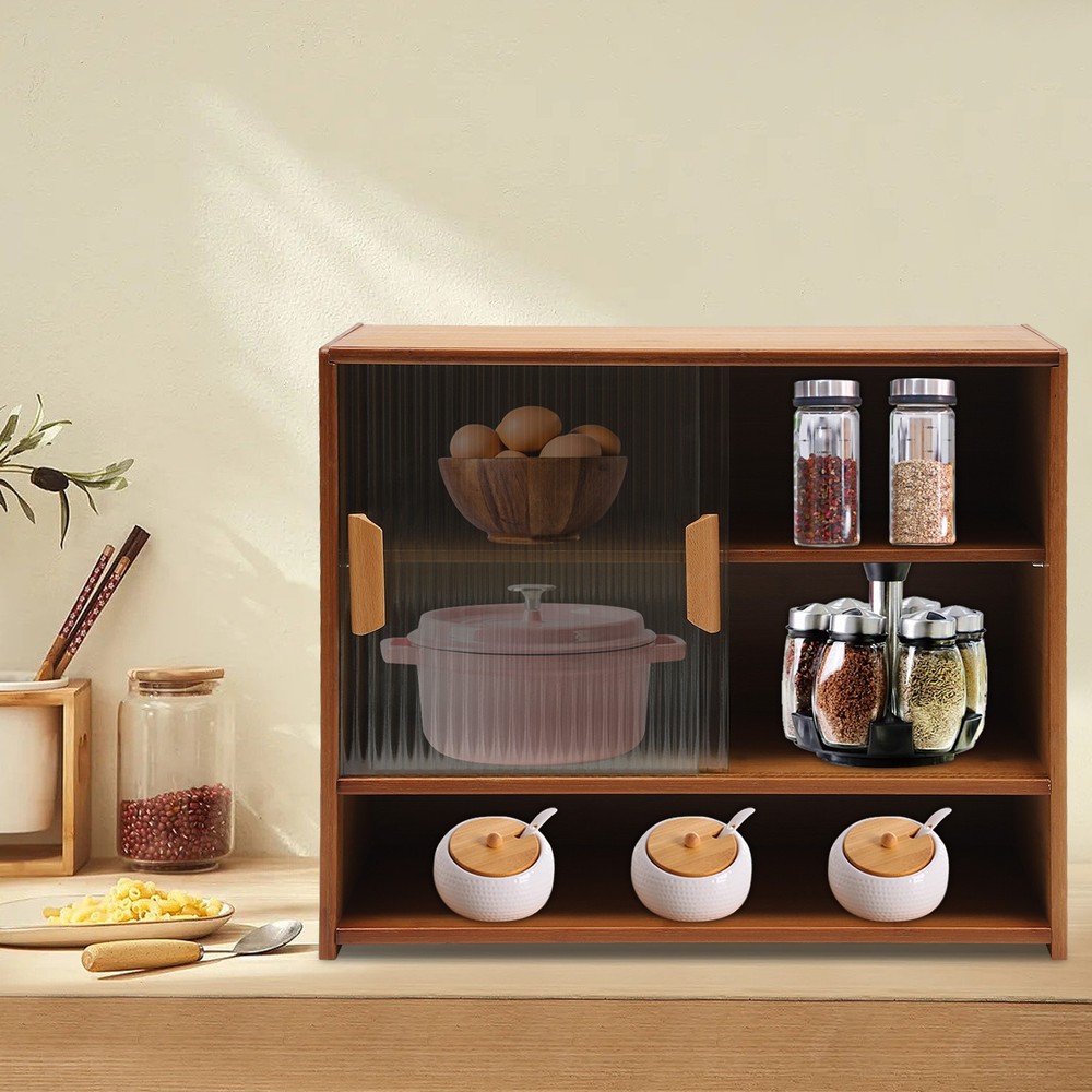 Kitchen Pantry Sideboard Bamboo Small Storage Cabinet Sliding Door Cupboard