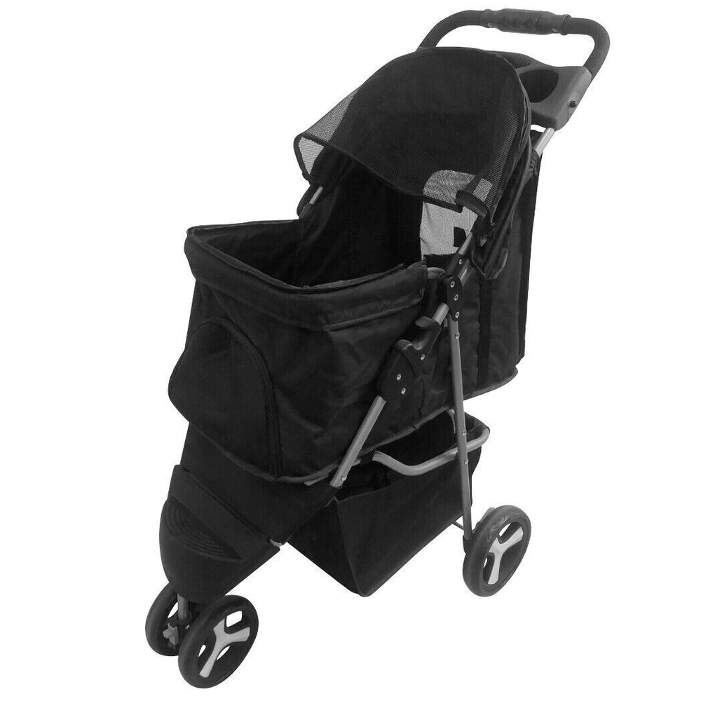 3/4-Wheels Folding Pet Stroller with Cup Holder, Mesh Window Portable Stroller