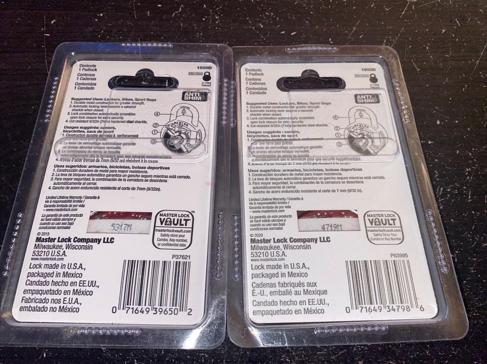 2 PACK, Master Lock Anti-Shim 3-Digit Combination Lock #1500D Black