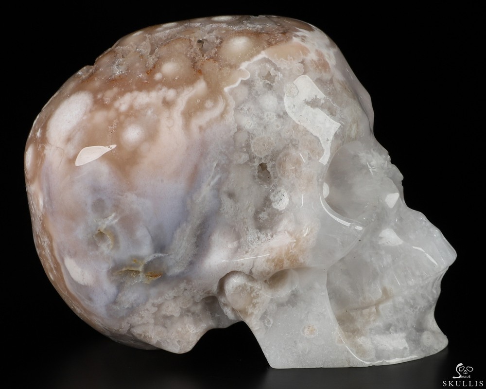 Gemstone 3.5" Sakura Agate Geode Hand Carved Crystal Skull, Super Realistic