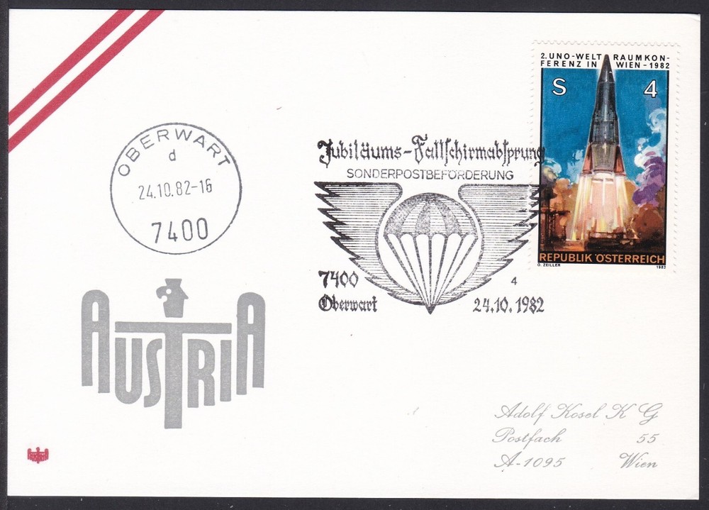 FCV0044 Flight Card, Austria, Overwart, Special Mail, Parachute Postmark