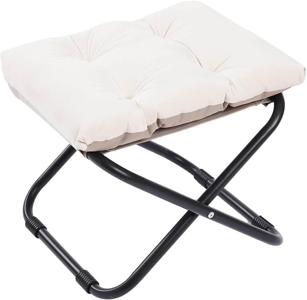 Folding Upholstered Footrest Stool W/ Straight & Square Shape Beige