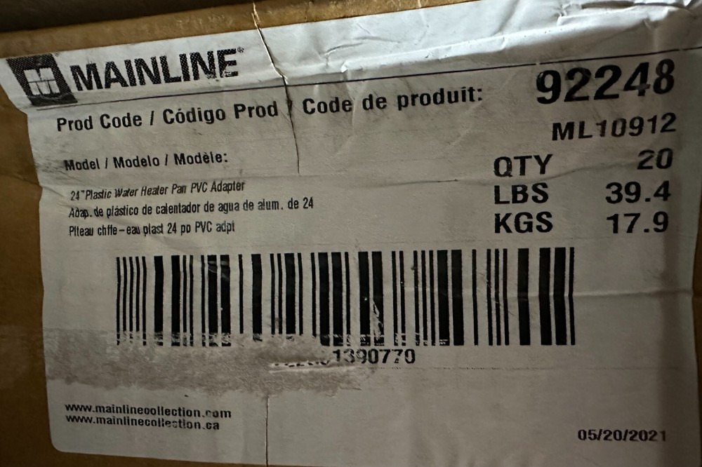 ML10912 - 24" Plastic Water Heater Pans with PVC Drain Connection (Case of 20)