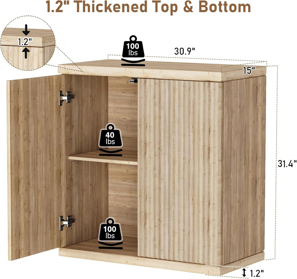 Modern Fluted Buffet Cabinet with Storage, 2 Doors & Adjustable Shelf, Oak