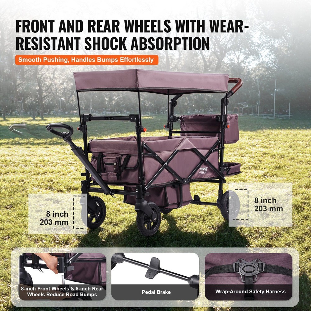 Wagon Stroller for 2 Kid Push Pull Quad Collapsible Stroller w/Adjustable Handle