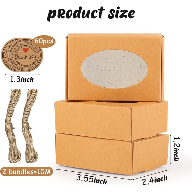 60 Kraft Soap Packaging Boxes W/ Clear Window Gift Tags Jute Twine Multi-Purpose