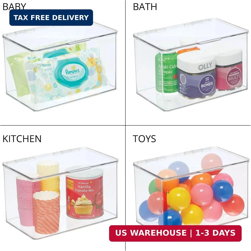 mDesign Set of 2 Storage Boxes with Lids - Stackable Plastic Storage Boxes for N