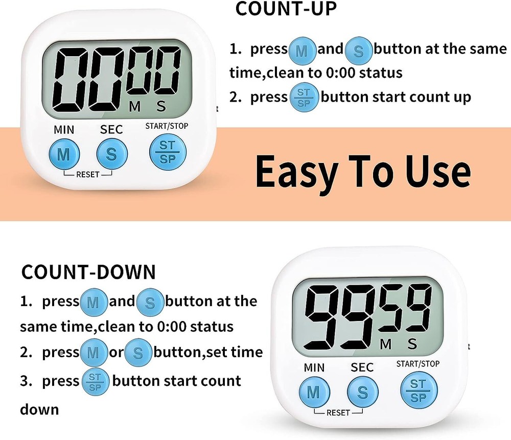 Digital Kitchen Timer Magnetic LCD Large Countdown Clear and Loud Alarm 2 pack
