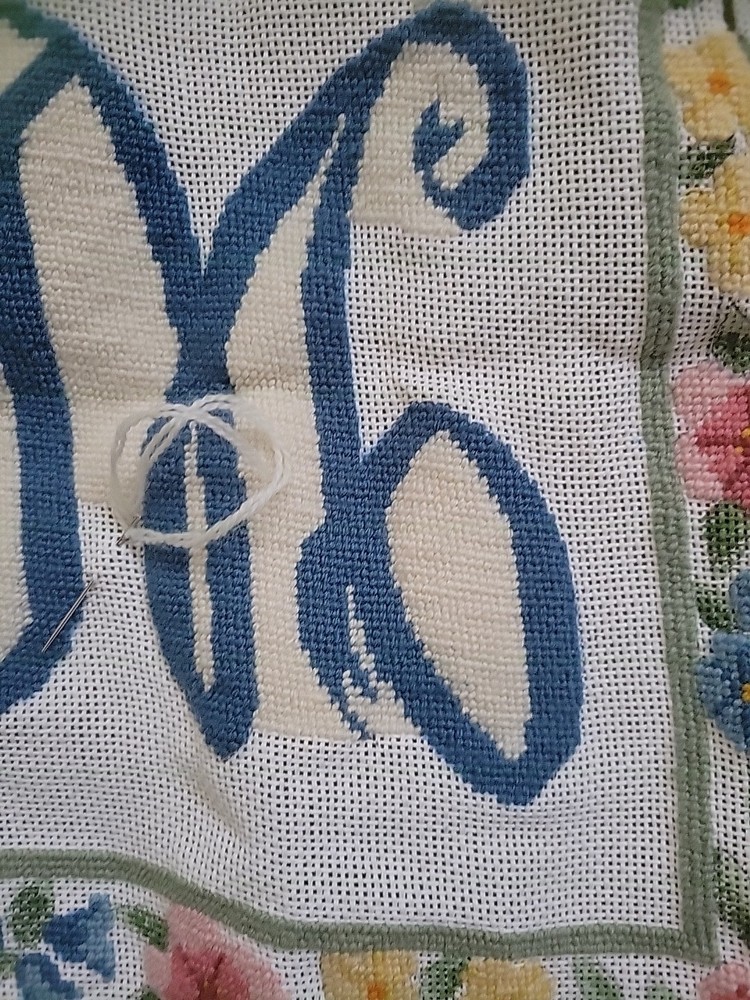 Initial M partially Complete Needlepoint Canvas 16" Pillow Size