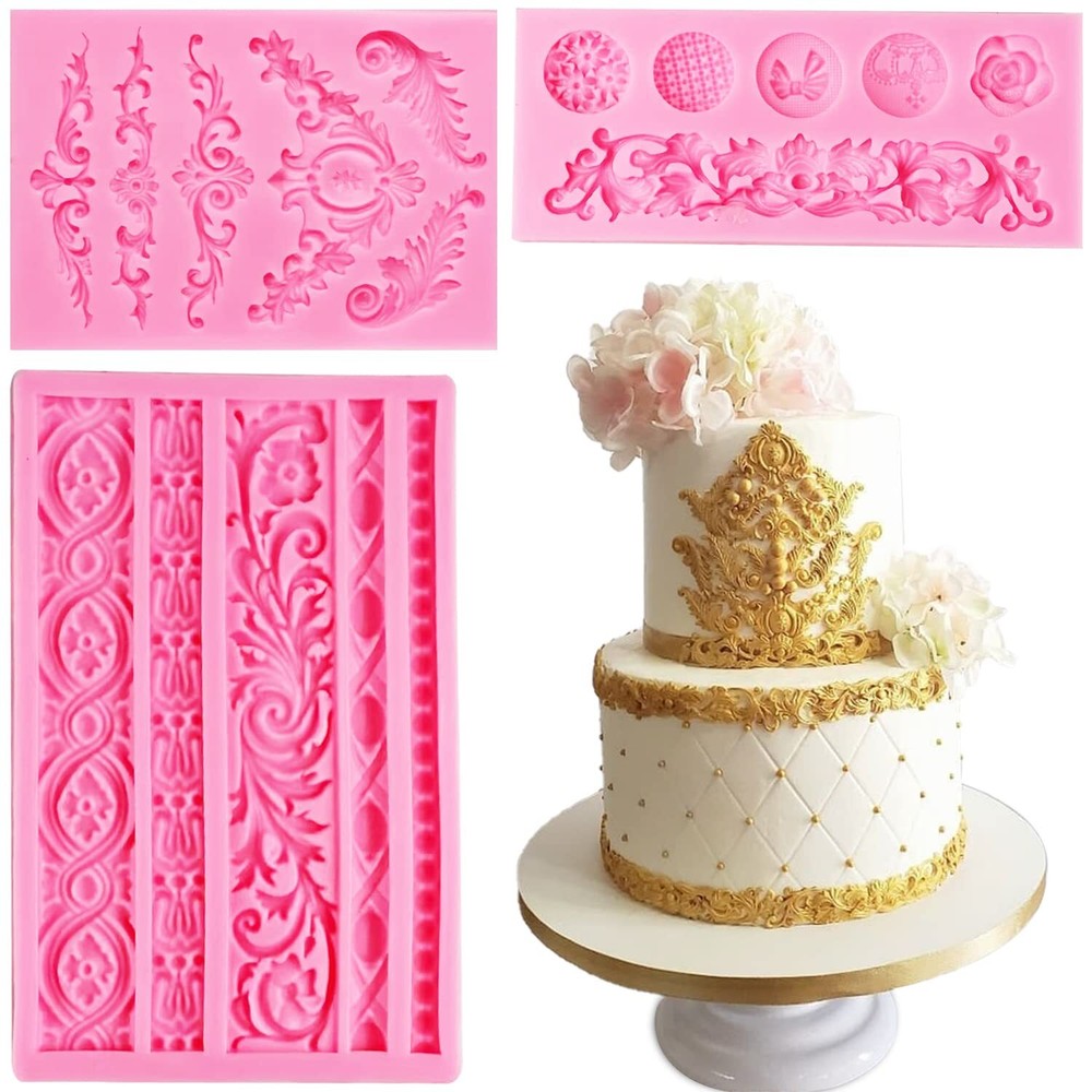 3 Pack Silicone Fondant Molds Baroque Scroll Border Lace Molds for Candy Cake