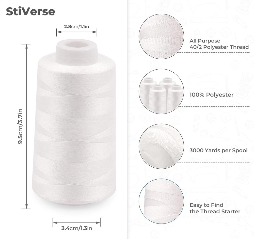 Serger Thread 4 Cones 3000 Yards Polyester Spool 40S/2 Black White Sewing