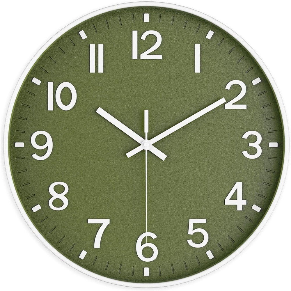 Silent Non Ticking Analog Wall Clock Battery Operated Olive Green Modern Kitchen