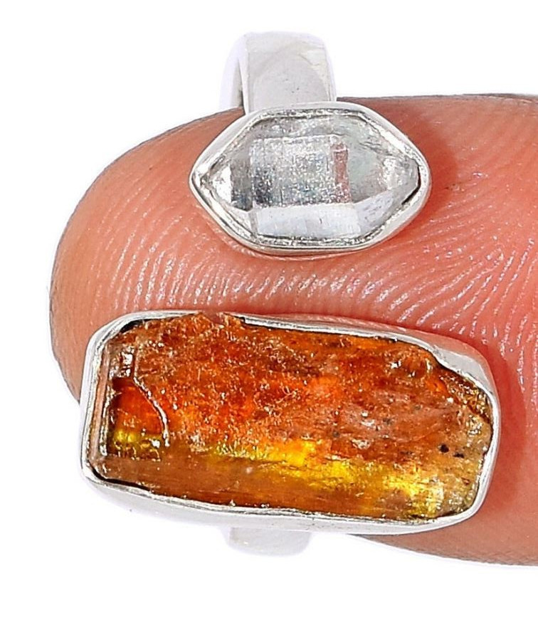 Orange Kyanite Rough & Herkimer Diamond Ring Size 6