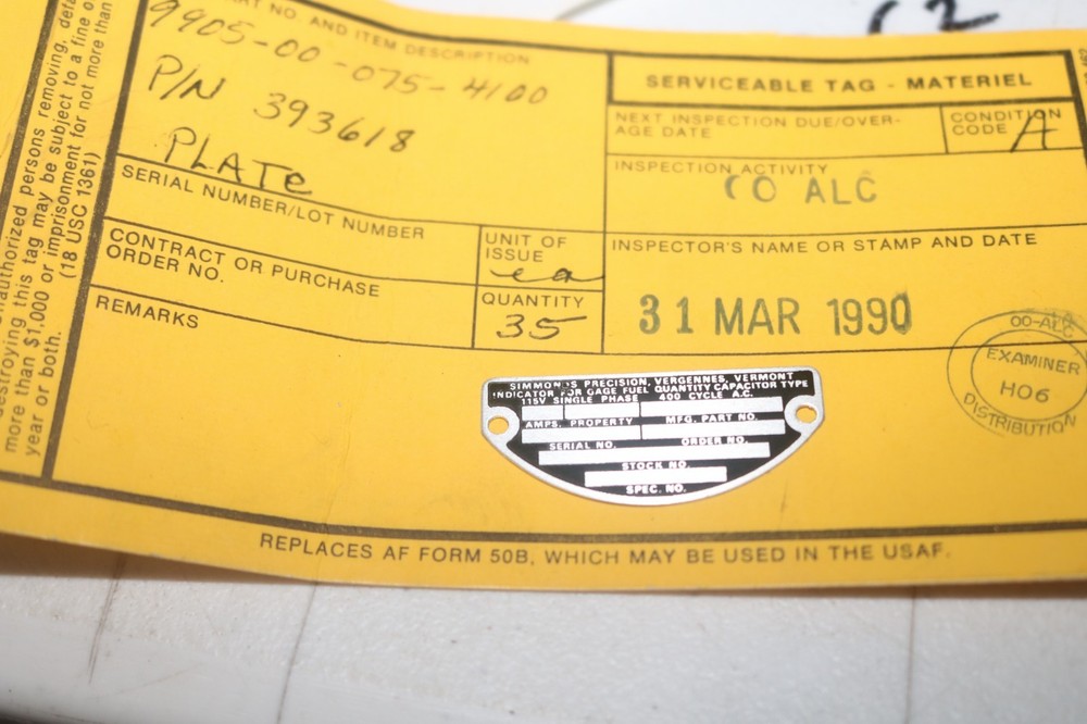 NOS data plate for Simmonds Precision fuel quantity  indicator capacitor type
