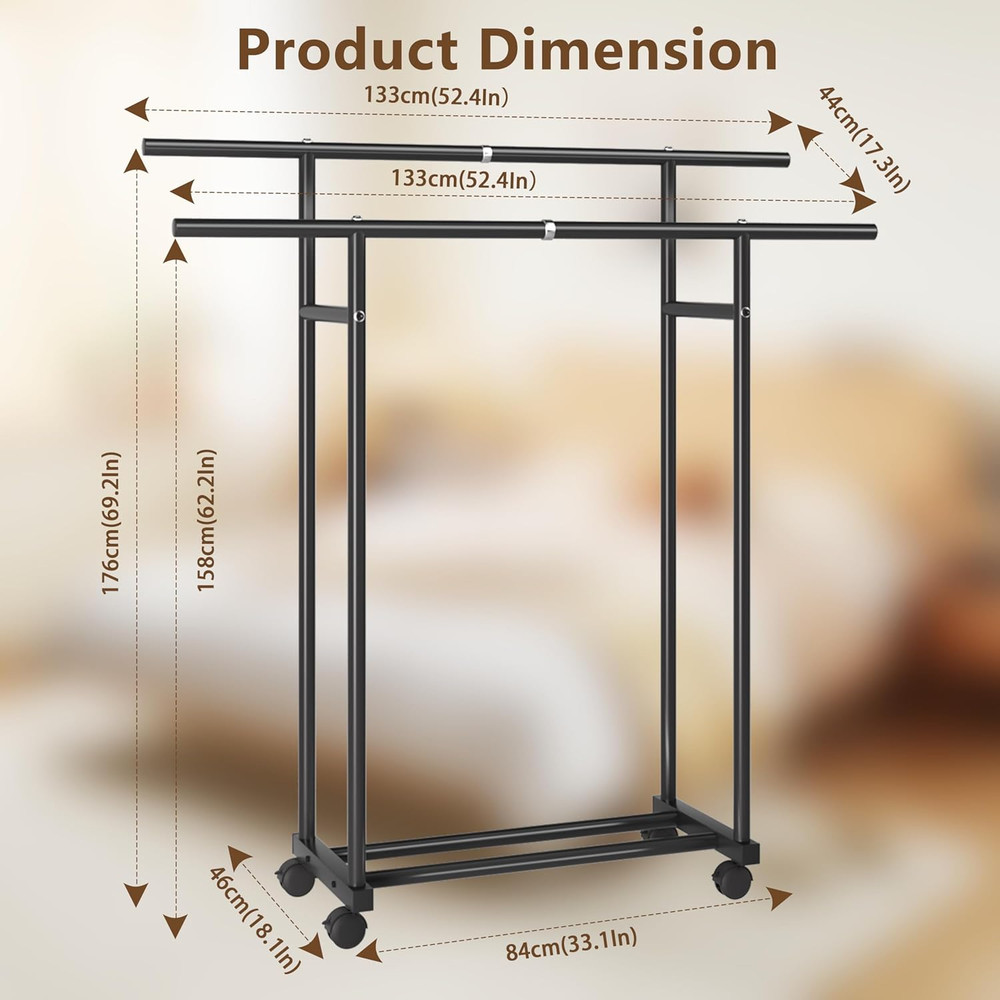 Heavy-Duty Double Rod Rolling Clothes Rack - Versatile Portable Wardrobe