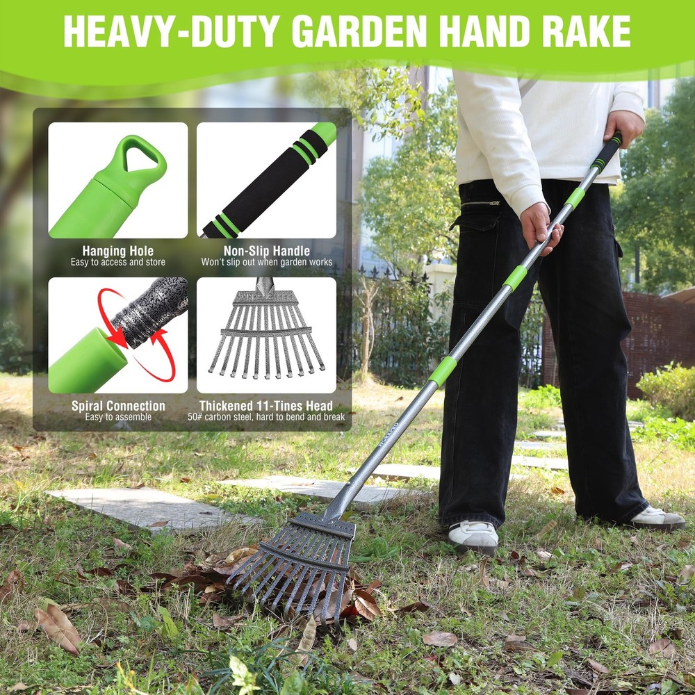 Small Rake for Leaves 72” Adjustable Handle 11 Steel Tines