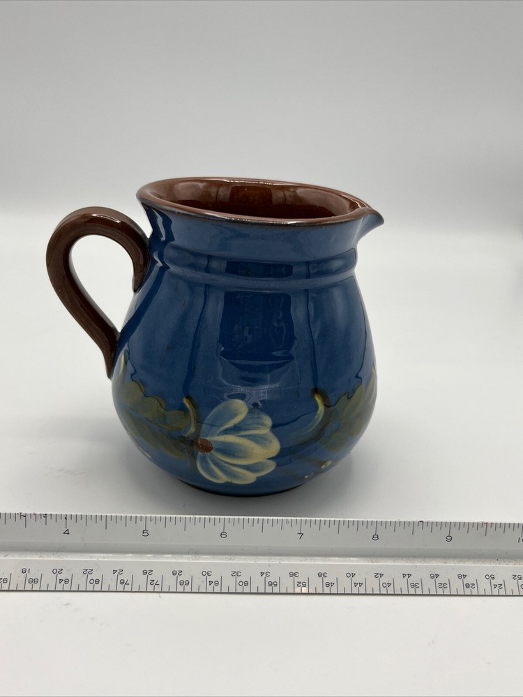 Blue Floral Rustic Glazed Terracotta 4 1/2” Pitcher