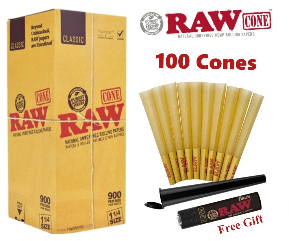 Authentic RAW Classic 1 1/4 Size Pre-Rolled Cone 100 Pack & Free Clipper Lighter
