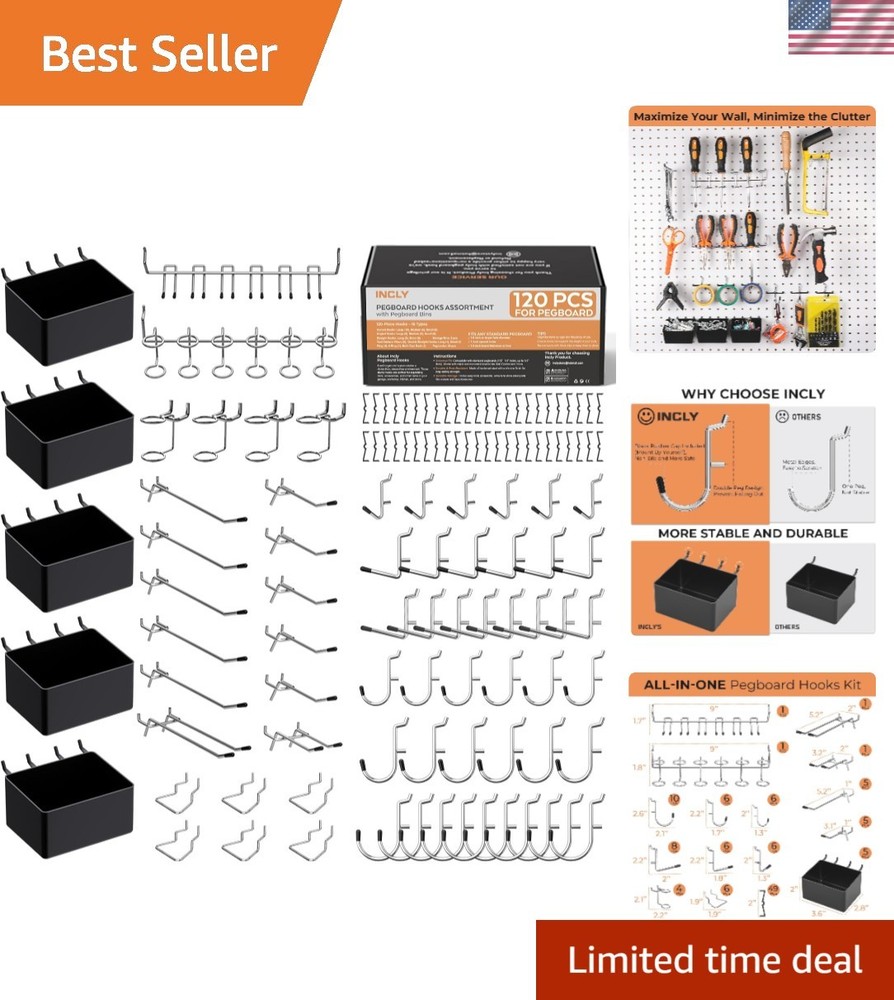 120PCS Pegboard Accessories Organizer Kit, Peg Board Hooks Assortment with Bins