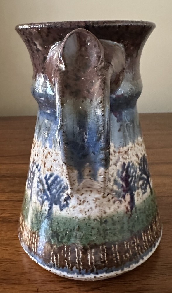Glazed Ceramic Pitcher, Signed Sanders, 6” Tree Design