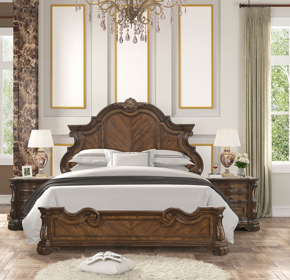 Traditional Eastern King Size 6pc Wooden Panel Bed Set Extended Corbel Headboard