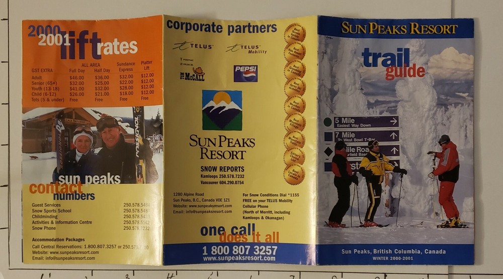 2000/01 SUN PEAKS SKI RESORT TRAIL MAP CANADA. EX CONDITION