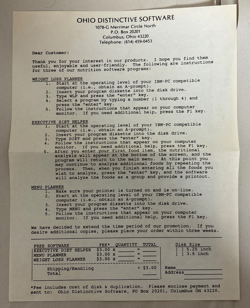 Ohio Distinctive Software - Menu/Diet/Weight Loss Planning Software 5.25" Floppy