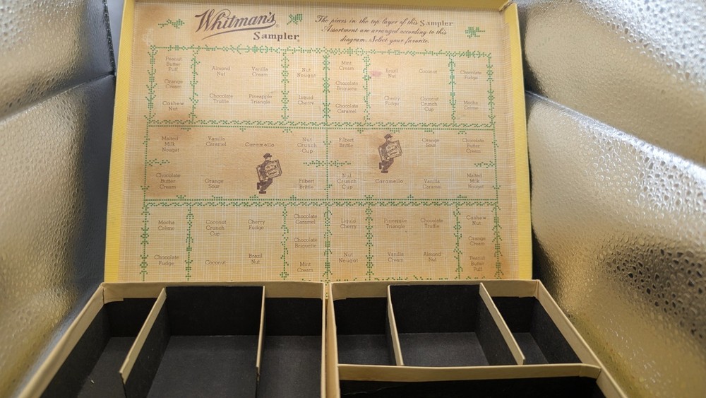 Vintage Whitman's Chocolates Sampler Empty Box Cross Stitch w Inserts 9"x11"x2"
