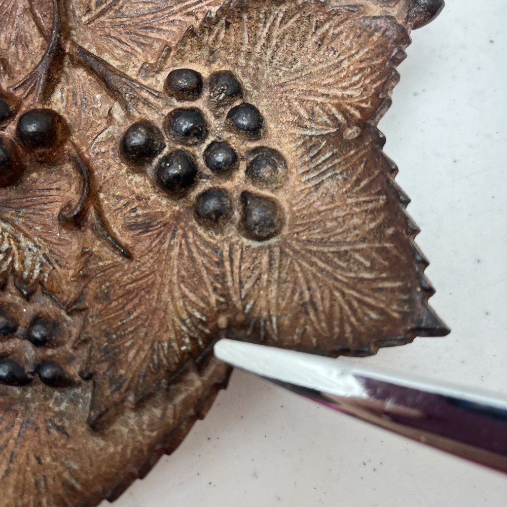 Vtg Rustic Cast Iron Footed Dish with Grape Bunches & Leaves
