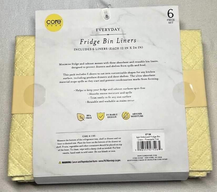 CORE FRIDGE REFRIGERATOR BIN LINERS (6) YELLOW QUILTED NIP