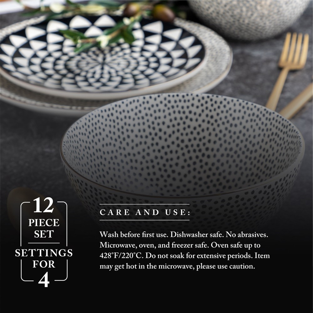 12 Piece Dinnerware Set Black White Dot Table Stoneware 12 Piece Plates Bowls