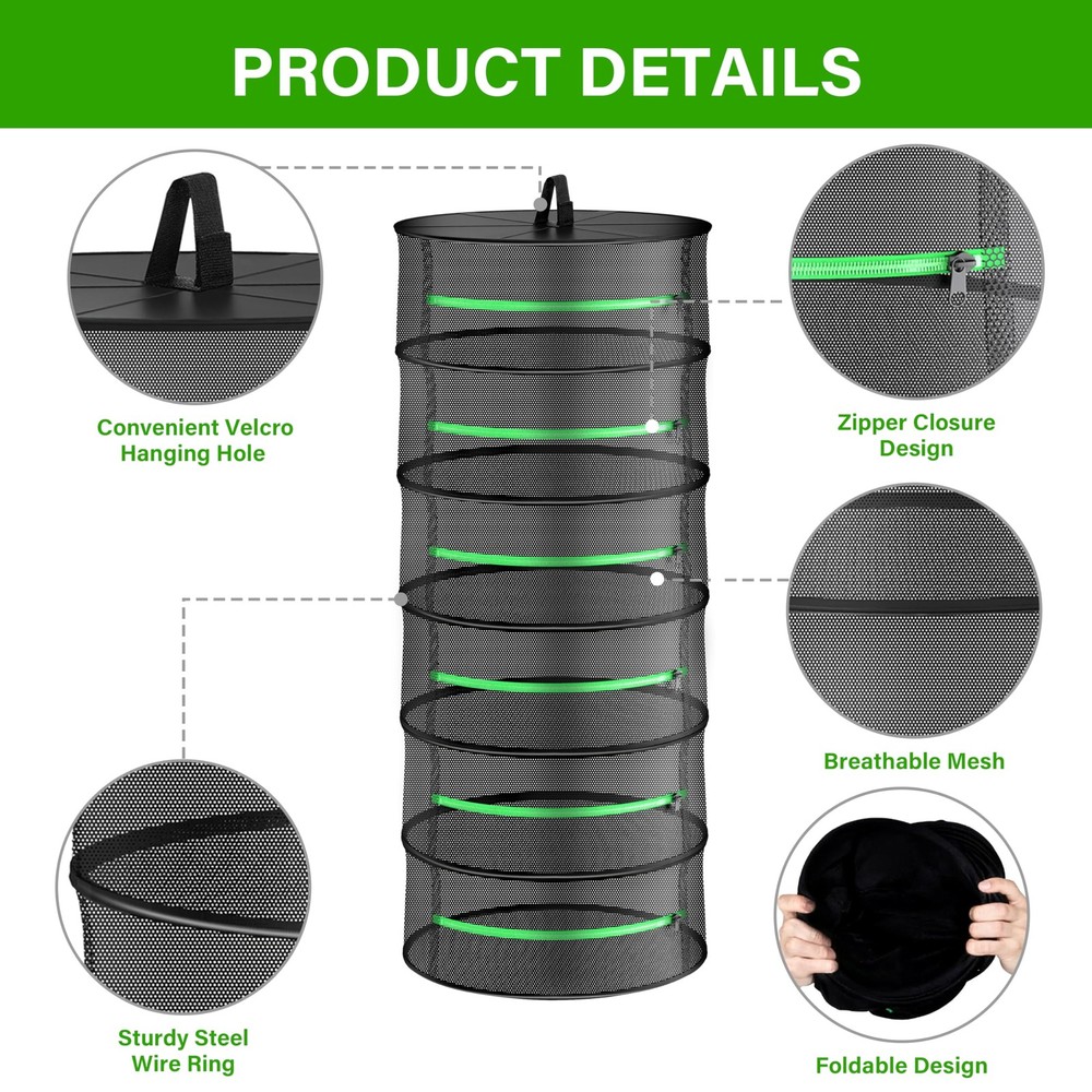 YSSOA Herb Drying Rack Hanging 6 Layer 24'' with Zipper & Hook, Dry Mesh Fold...