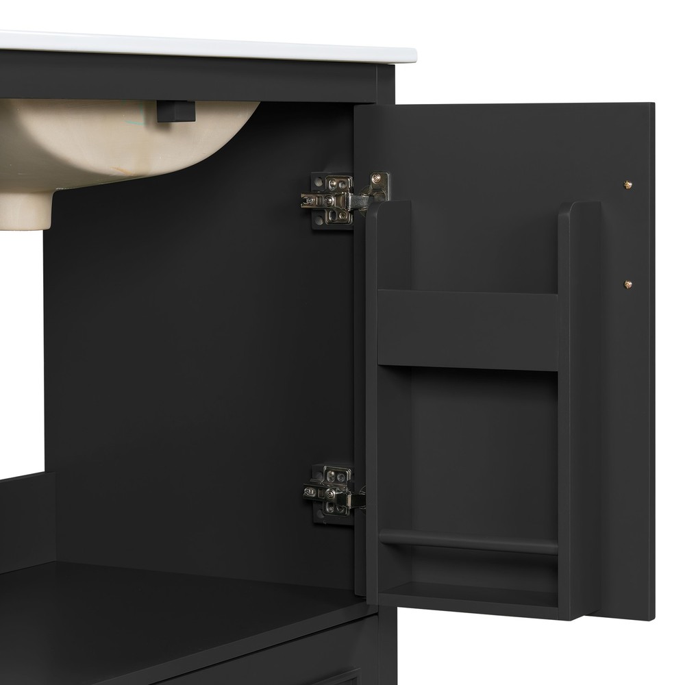 30" Bathroom Vanity w/ Sink, Black, Soft-Close Doors & Drawer, Solid Wood+MDF