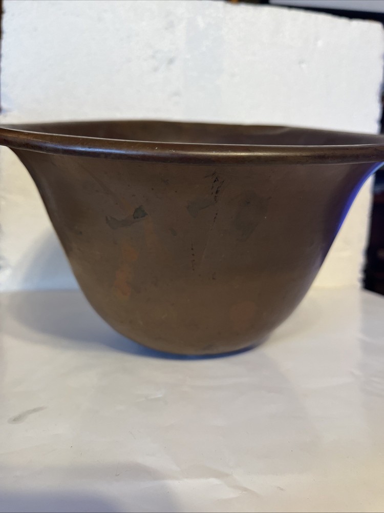 Primitive Copper Mixing Basin Rounded Base Rolled Rim Patina