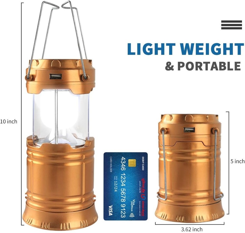 LED Camping Lantern, Solar and Rechargeable Lantern Flashlight Golden