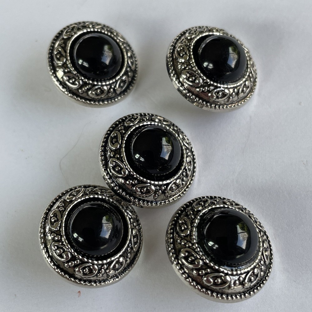 Set 5 Silver Tone Plastic Buttons Black Cabochon Medium 3/4”