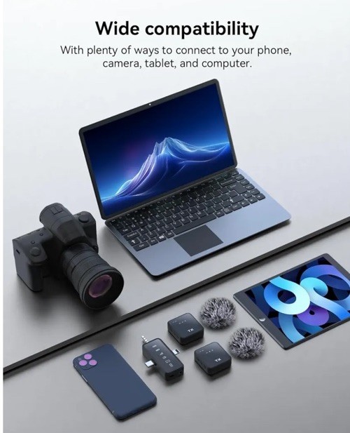 3 in 1 Microphone for iPhone/Android/Camera, Wireless Lavalier Black-3in1