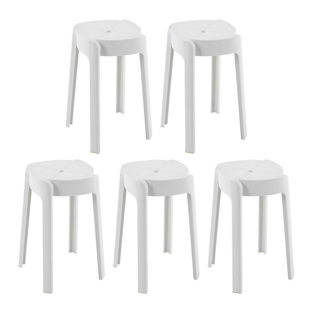 Set of 5 Portable Plastic Stack Stools Backless Classroom Seating Chair White