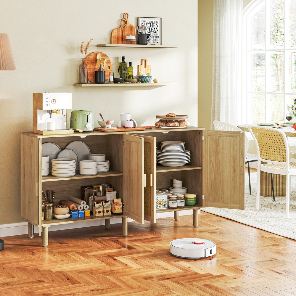 Two Double-tier Cabinet Sideboard with Rattan Doors for Ample Storage