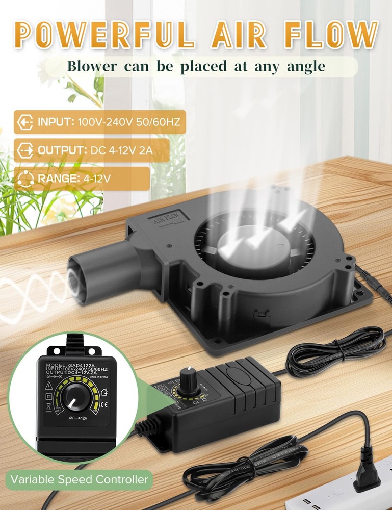 120mm BBQ 12V Blower Fan W/ AC Plug Variable Speed Controller Squirrel Cage 1PC
